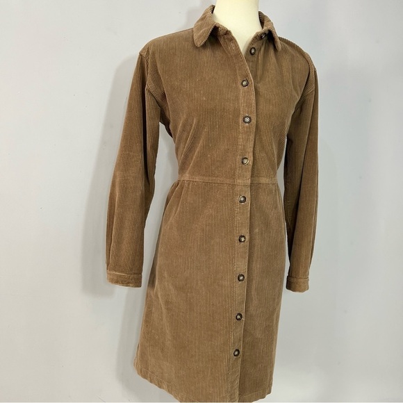 Vintage tan corduroy button front long sleeve dress twee retro USA made academia - Picture 11 of 16